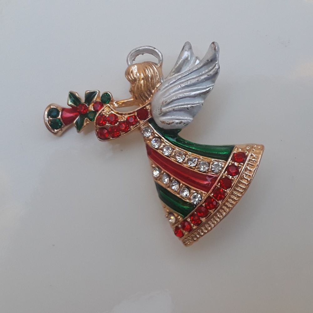 Angel, Trumpet, Holiday Pin, Rhinestones